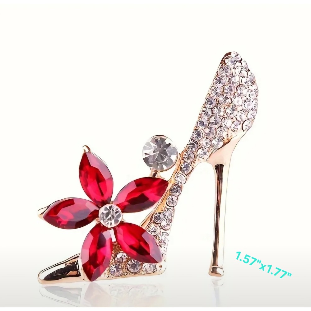 Red Flower Rhinestone High Heel Shoe‎ Brooch Pin Fashion Jewelry Accessory